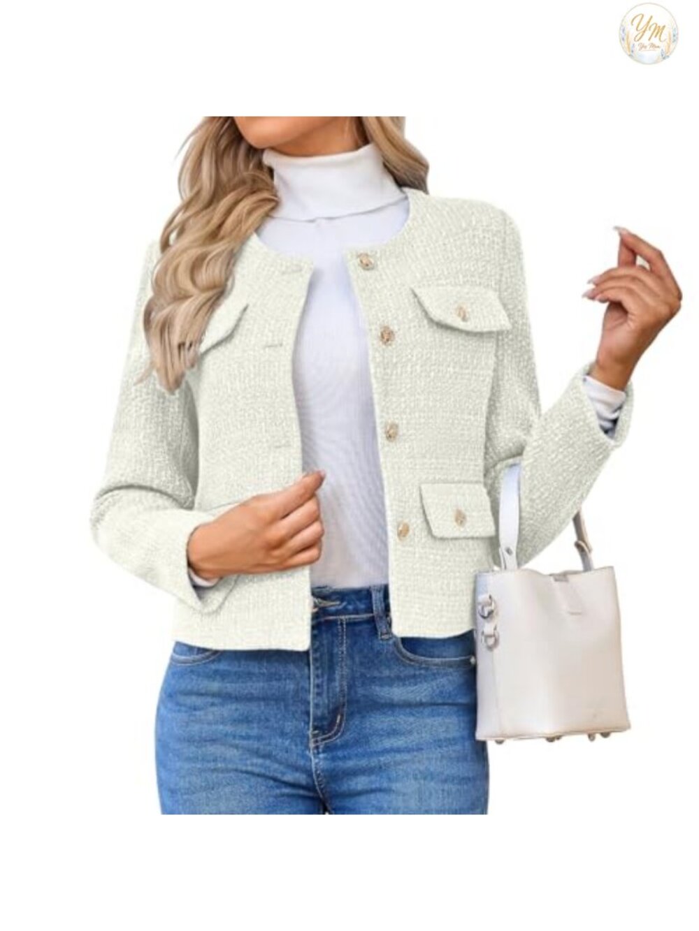 Women's Tweed Blazers Jacket Casual Long Sleeve Button Down Cropped Coat